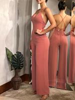 Women's Solid Criss Cross Tie Backless Cami Jumpsuit, Minimalist Fashion Elegant Casual Sleeveless Straight Leg Jumpsuit for ...