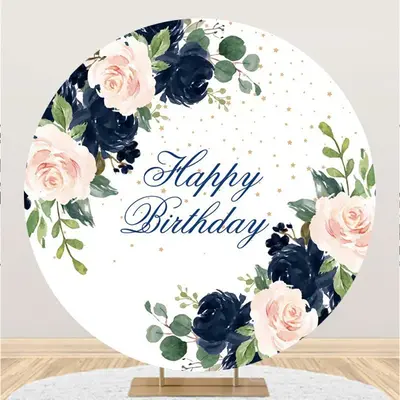 Aperturee Floral And Leaves Giltter Circle Happy Birthday Backdrop | Birthday Backdrop | Round Backdrop For Birthday | Circul...