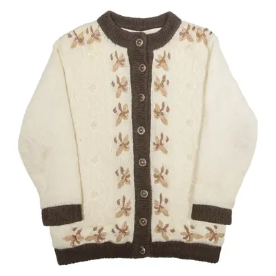 Lined Beaded Womens Patterned Beige Wool 80s Floral Chunky Knit L