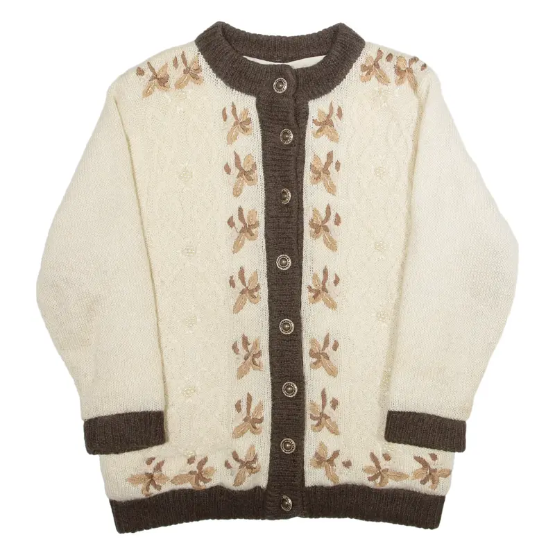 Lined Beaded Womens Patterned Beige Wool 80s Floral Chunky Knit L
