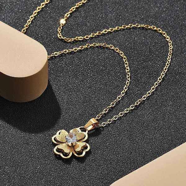 304 Stainless Steel Crystal Rhinestone Clover Pendant Necklaces for Women