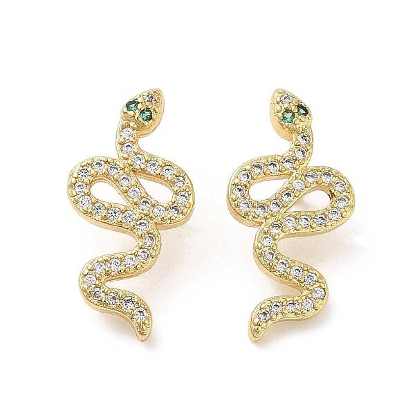 Rack Plating Brass Snake Stud Earrings with Cubic Zirconia