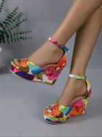 Summer Floral Print Buckle Decorated Wedge Sandals for Women, Platform Wedge Shoes, Sandals For Summer, Bohemian Sandals