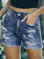 Women's Blue Distressed Ripped Denim Shorts, Casual Fashion Pocket Design Shorts for Daily Wear, Ladies Bottoms for Summer, S...