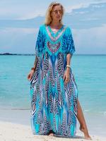 Women's Ethnic Pattern Batwing Sleeve Split Thigh Kaftan Dress, Summer Clothes Women, Loose Fit Boho Casual V Neck Half Sleev...
