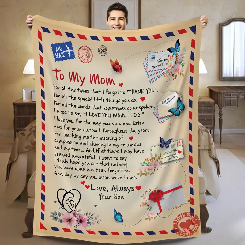 Mom - Giant Post Card Blanket Gift From Son For Christmas, Birthday, Mother's Day Gift with Thoughtful Message
