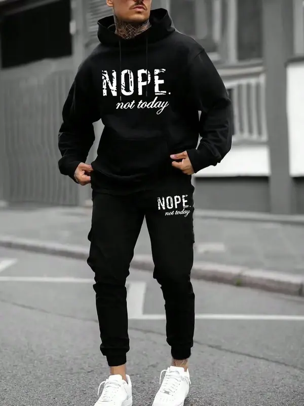 Men's Letter Print Pocket Sweatpants Lounge Co-ord Set, Street Long Sleeve Hoodie & Drawstring Waist Sweatpants, Men's Clothi...