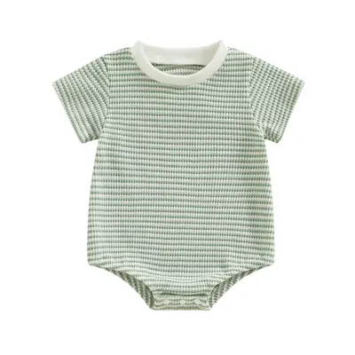 Boys and Girls Summer Romper Round Neck Short Sleeve Striped Waffle Jumpsuit Infant Toddler Clothes 0-18 Months Casual
