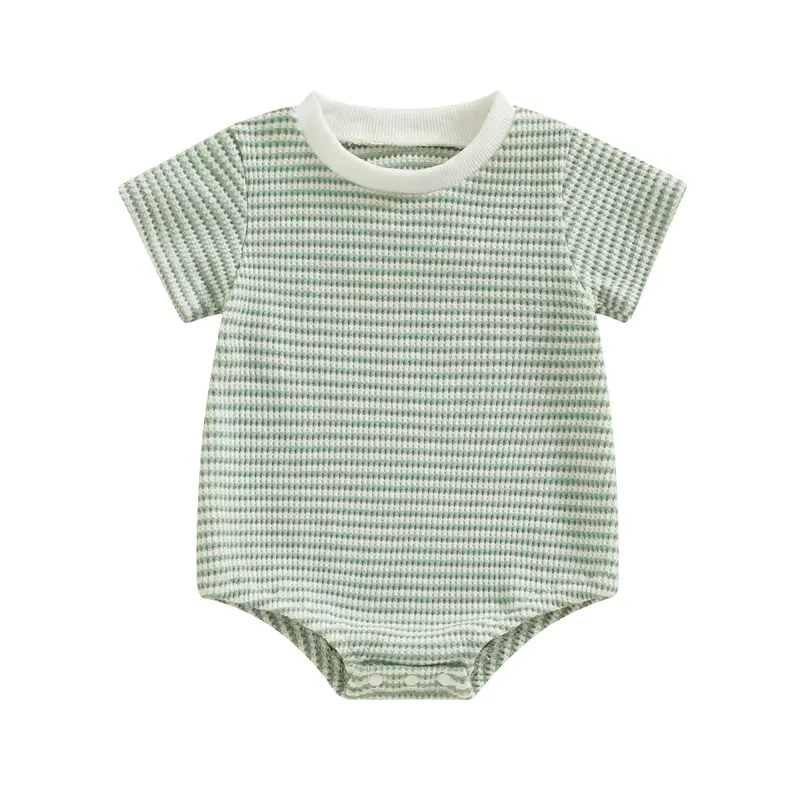 Boys and Girls Summer Romper Round Neck Short Sleeve Striped Waffle Jumpsuit Infant Toddler Clothes 0-18 Months Casual