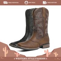 Cowboy Boots for Men Square Toe Mens Western Work Boots Synthetic Leather Mid Calf Embroidered Chunky Heel Brown Black Shoes ...