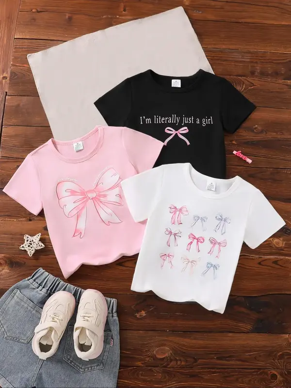 Girl's Bow & Letter Print Round Neck Tee, Cute Casual Short Sleeve T-shirt for Summer, Kids Clothes for Daily Wear