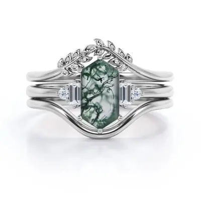 Sterling Silver Moss Agate Square Engagement Ring
