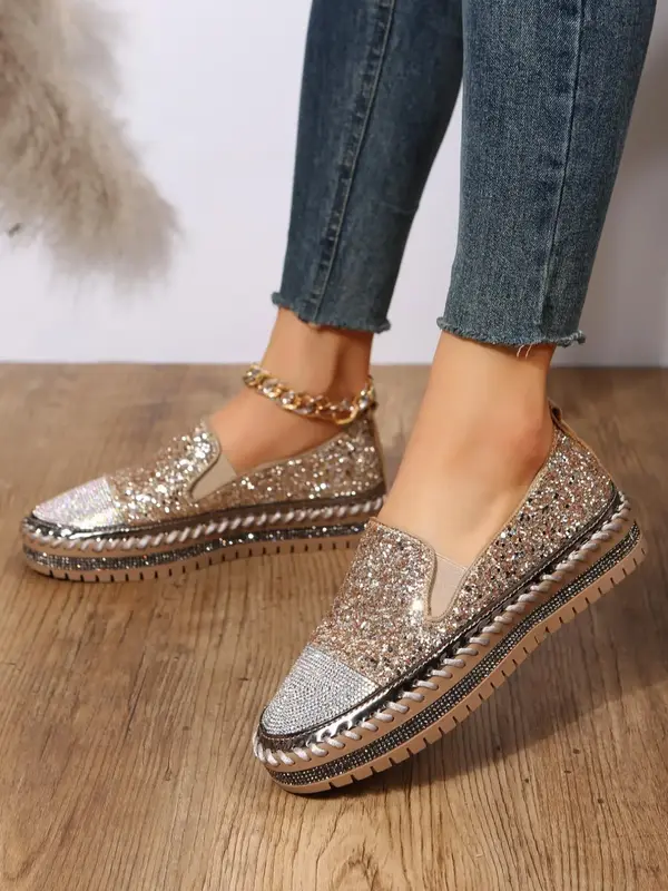 Women's Fashion Rhinestone Decorated Slip on Platform Shoes, Walking Shoes, Casual Lightweight Glittering Sequin Decor Shoes ...