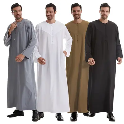 Middle Eastern Men Robe Handmade Button Long Sleeve Crew Neck Solid Color Muslim Ramadan Loose Fit Ethnic Wear traditional a...