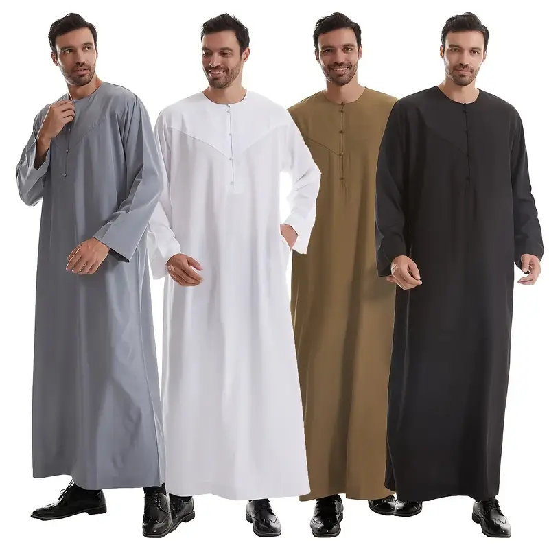 Middle Eastern Men Robe Handmade Button Long Sleeve Crew Neck Solid Color Muslim Ramadan Loose Fit Ethnic Wear traditional  a...