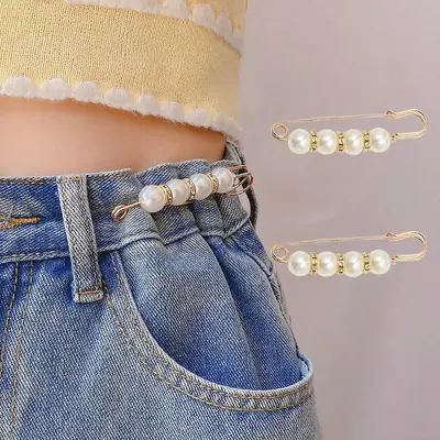 Faux Pearl Decorated Waist Pin (2pcs), Fashionable Waist Fixer, Waistband Fixer, Artificial Pearl Waist Cinch Pin, Sewing Acc...