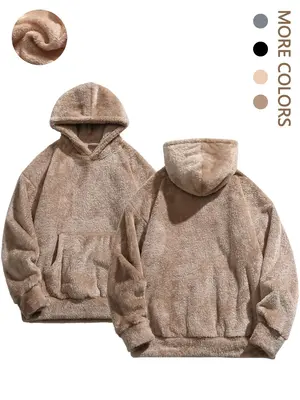 Men's Solid Pocket Long Sleeve Fuzzy Hoodie, Loose Casual Hooded Sweatshirt for Fall, Drippy Outfits, Going Out Outfit, Cozy ...