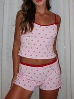 Women's Cherry Print Contrast Binding Pyjama Set, Cute Casual Fit Adjustable Spaghetti Strap Crop Cami Top & Shorts Set, Su...