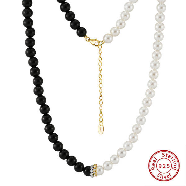 Natural Black Obsidian & Shell Pearl Round Beaded Necklaces