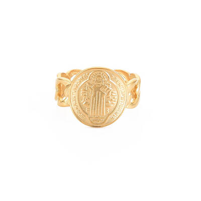Ion Plating(IP) 304 Stainless Steel Flat Round with Jesus Wide Open Cuff Ring for Women