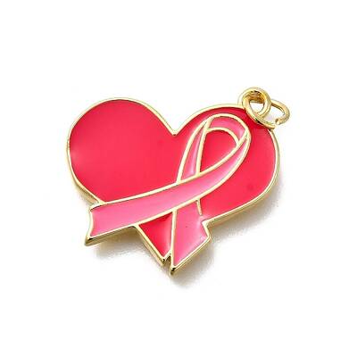 October Breast Cancer Pink Awareness Ribbon Brass Enamel Pendants
