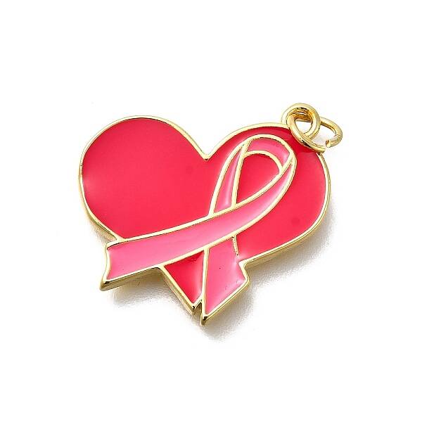 October Breast Cancer Pink Awareness Ribbon Brass Enamel Pendants