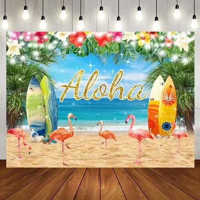 Aloha Floral Beach Flamingo Birthday Backdrop - Aperturee