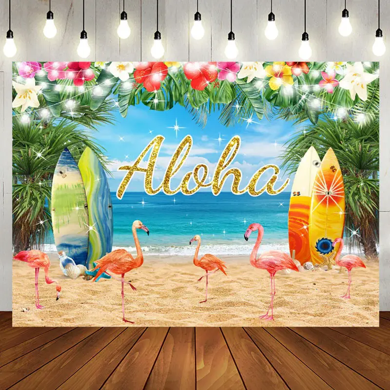 Aloha Floral Beach Flamingo Birthday Backdrop - Aperturee