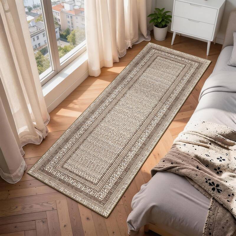 Garvee Modern Bordered Kitchen Rug, Non-Slip Low Pile, Washable Soft Taupe Runner, Stain Resistant, Ultra Thin Lightweight, E...