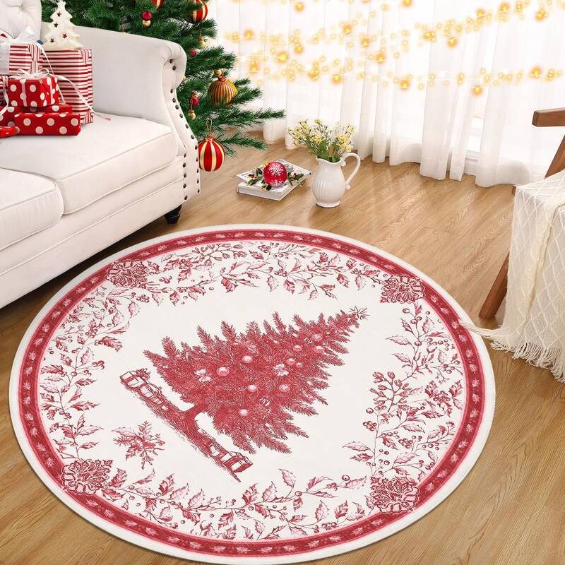 Garvee Christmas Round Area Rug with Tree Print, Non-Slip & Washable, Soft Terrycloth Fabric, Foldable & Kid-Friendly, 4Ft Di...