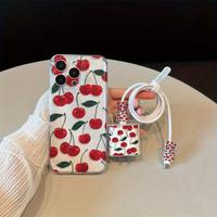 Cherry Pattern Phone Case with Charger Head Cover & Cable Protector & Storage Rope, Anti-drop Phone Case for iPhone, Casing