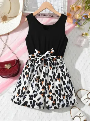 Girl's Leopard Print Tie Shoulder Cami Romper, Casual Sleeveless Romper for Summer, Kids Clothes for Daily Wear