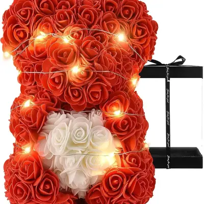 Surprise Her with Handmade 10 and 12 Inch Artificial Everlasting Rose Flower Bear in a Clear Gift Box - Perfect for Valentine...