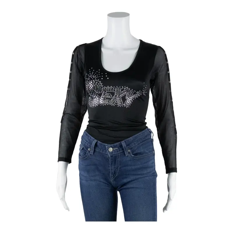 KUYN Y2K Mesh Bodysuit Top Black Long Sleeve Womens S