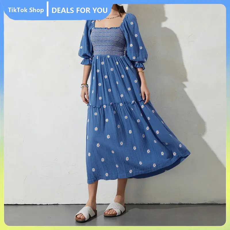 Women Summer Casual Long Dress 3D Embroidered Flowers Square Neck Puff Sleeve Dress Fashion Backless A-line Dress Flower Embr...