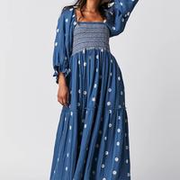 Women Summer Casual Long Dress 3D Embroidered Flowers Square Neck Puff Sleeve Dress Fashion Backless A-line Dress Flower Embr...