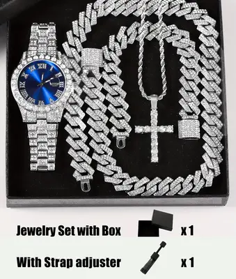 With Strap adjuster, 4pcs/set, Rhinestone Pendent Jewelry Set, For Men/Women Rhinestone Wristwatch & Cross Necklace & Chain N...