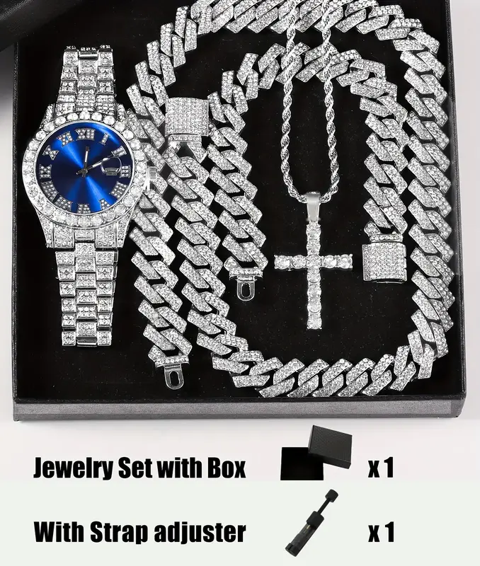 With Strap adjuster, 4pcs/set, Rhinestone Pendent Jewelry Set, For Men/Women Rhinestone Wristwatch & Cross Necklace & Chain N...