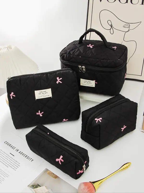 Women's Bow Embroidered Quilted Makeup Bag Set, Large Capacity Cosmetic Bag with Handle, Travel Toiletry Bag, Mini Travel Mak...