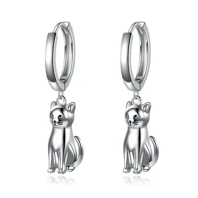 Sterling Silver Cat Hoop Earrings