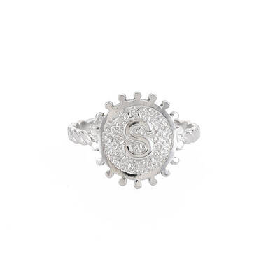 Non-Tarnish 304 Stainless Steel Flat Round with Initial Letter Open Cuff Ring for Men Women