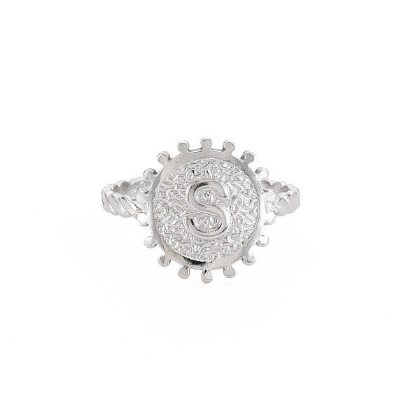 Non-Tarnish 304 Stainless Steel Flat Round with Initial Letter Open Cuff Ring for Men Women