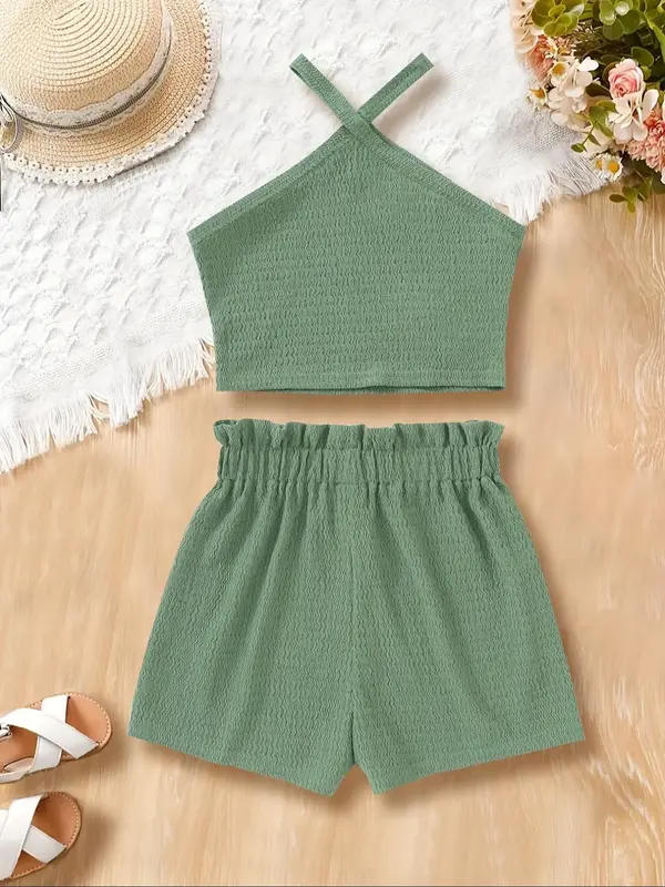 Toddler Girl's Solid Tank Top & Shorts Two-Piece Set, Casual Sleeveless Cropped Top & Shorts for Summer, Kids Clothes for Dai...