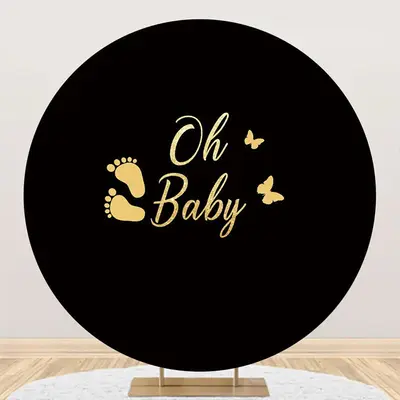 Oh Baby Black Footprint Round Gender Reveal Backdrop - Aperturee