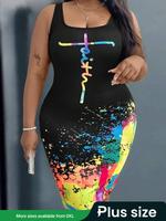 【Plus Size】 Letter Print Dress, Casual Sleeveless Bodycon Dress for Summer, Women's Plus Clothing for Daily Wear