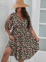 Plus Size Ditsy Floral Print Knotted Half Sleeve Wrap V Neck A Line Vintage Dress, Summer Boho Fashion Casual High Waist Dres...