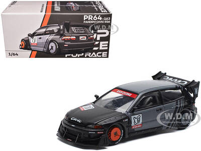 Pandem Civic EG6 RHD (Right Hand Drive) Kanjozoku Matt Black and Gray with Graphics 1/64 Diecast Model Car by Pop Race