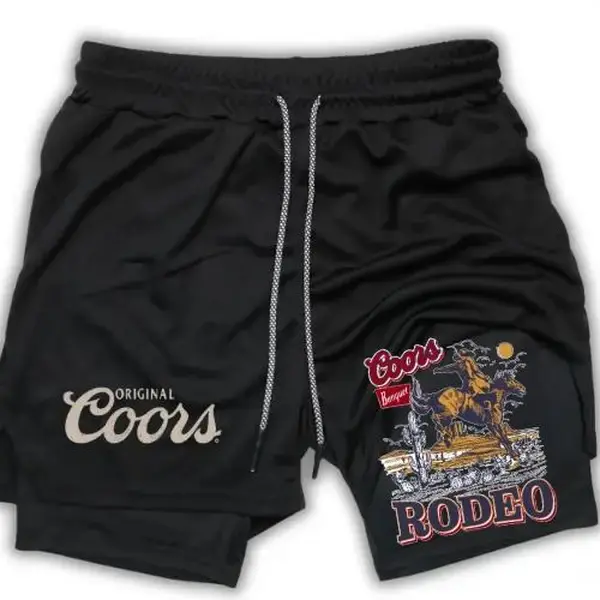 Coor Banquet Beer Shorts Men's Cross & Letter Print 2 in 1 Drawstring Waist Shorts, Loose Casual Pocket Track Shorts for Summ...