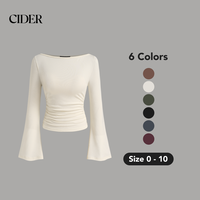 Cider [6 colors, size 0-10] Boat Neck Solid Ruched Long Sleeve Tee