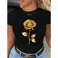Plus Size Women's Solid Color Casual T-Shirt, Fashion Plus Size Gold Rose Pattern T-Shirt, Women's Casual Round Neck T-Shirt,...